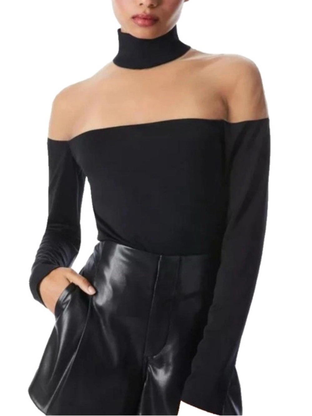 Alice + Olivia Zahra Sheer Mesh Off Shoulder Turtleneck Top Black XS Zip Back